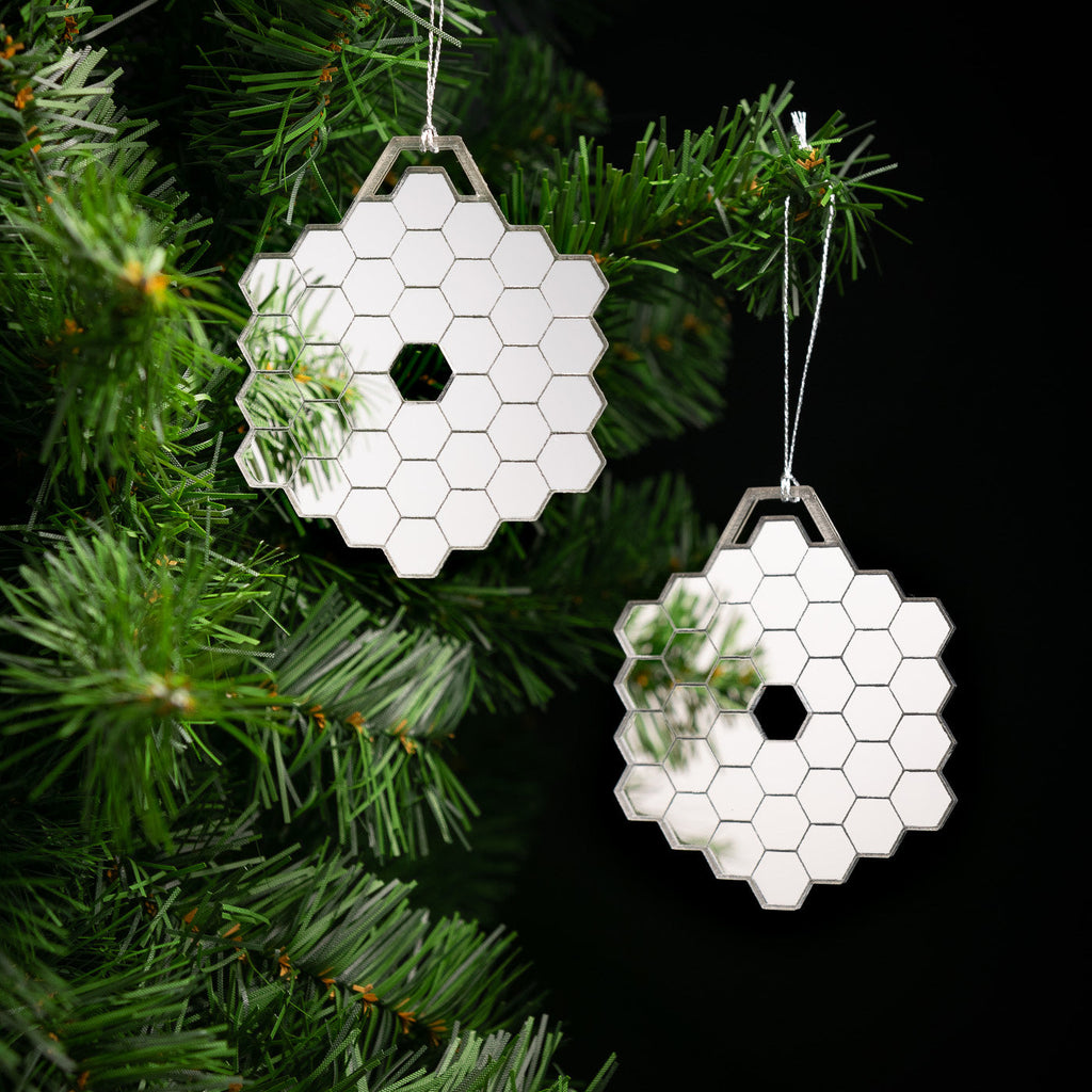 Keck Observatory telescope christmas ornaments hanging in tree