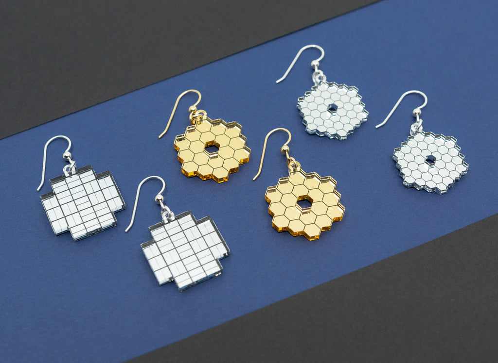 Space telescope jewelry featuring Kepler, James Webb and Keck earrings